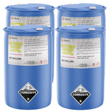 Four 55-gallon blue plastic drums of Alliance Chemical Nitric Acid 40% with labels and white caps