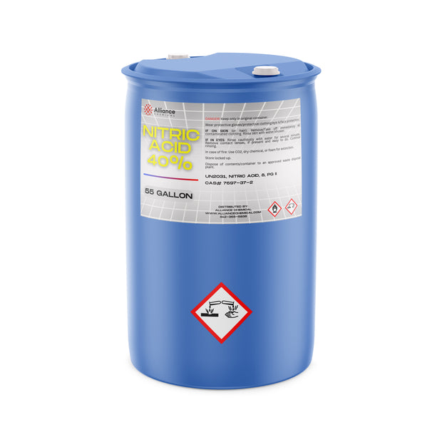One 55-gallon blue plastic drum of Alliance Chemical Nitric Acid 40% with a white label and two white screw caps
