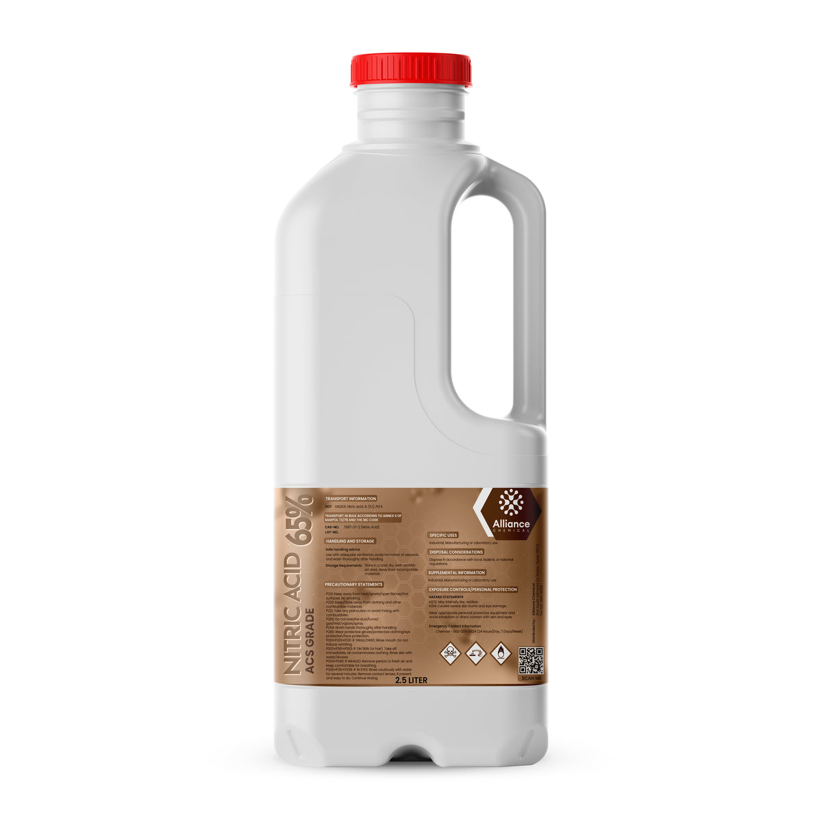 2.5L HDPE bottle of 65% Nitric Acid (ACS Grade) brown labeling, hazard pictograms, and Alliance Chemicals branding