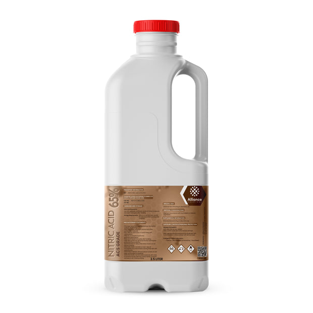2.5L HDPE bottle of 65% Nitric Acid (ACS Grade) brown labeling, hazard pictograms, and Alliance Chemicals branding