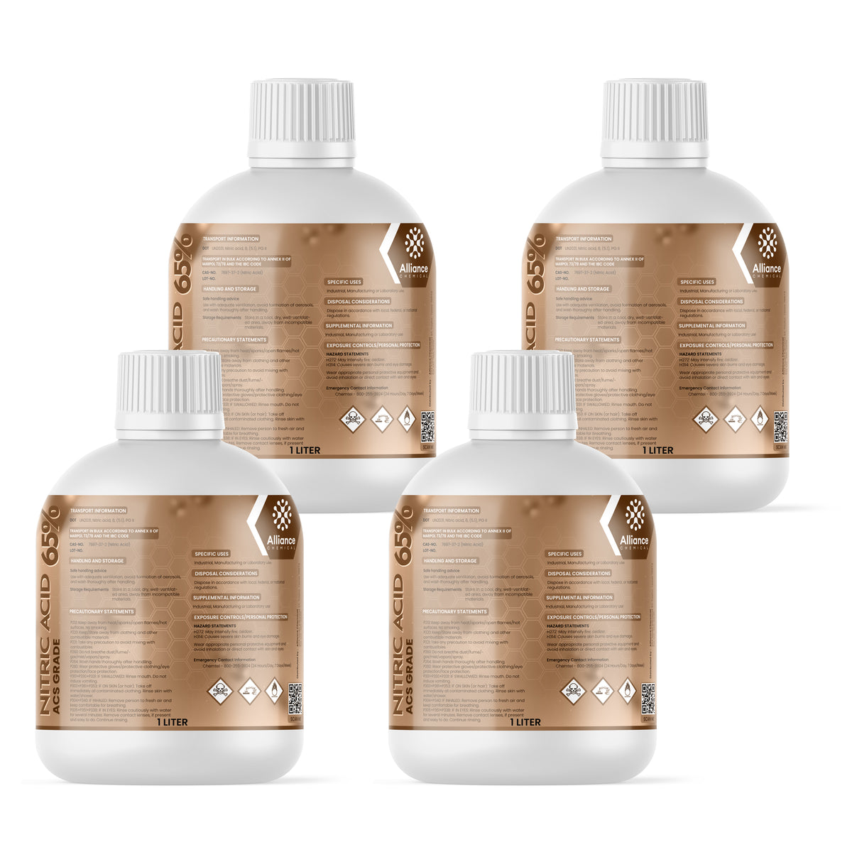 4x1L bottles of 65% Nitric Acid (ACS grade) in HDPE containers with brown labels, and Alliance Chemical branding