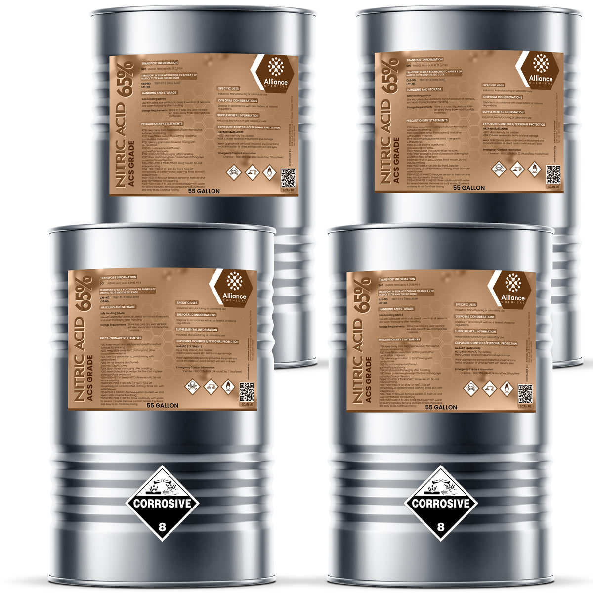 55-gallon steel drums of Nitric Acid 65% ACS Grade with corrosive, Alliance Chemical branding, and safety information