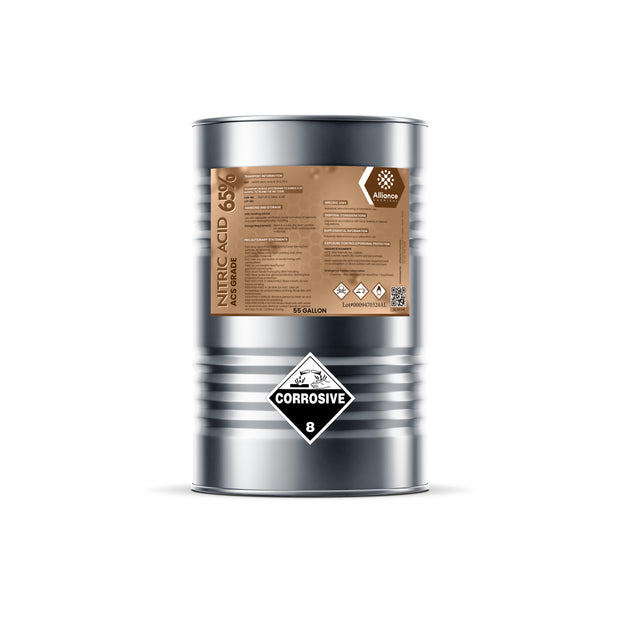 55-gallon steel drum of Alliance Chemical ACS-grade 65% Nitric Acid corrosive Class 8 hazard diamond, and brown product label