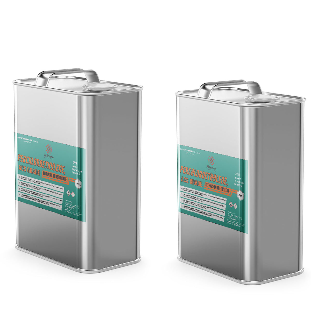 Two 5-gallon steel pails of Alliance Chemical Perchloroethylene ACS Grade with metal handles and product labels.