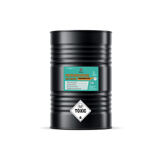 Alliance Chemical 55-gallon black steel drum of ACS grade perchloroethylene Class 6 toxic hazard diamond, and ribbed