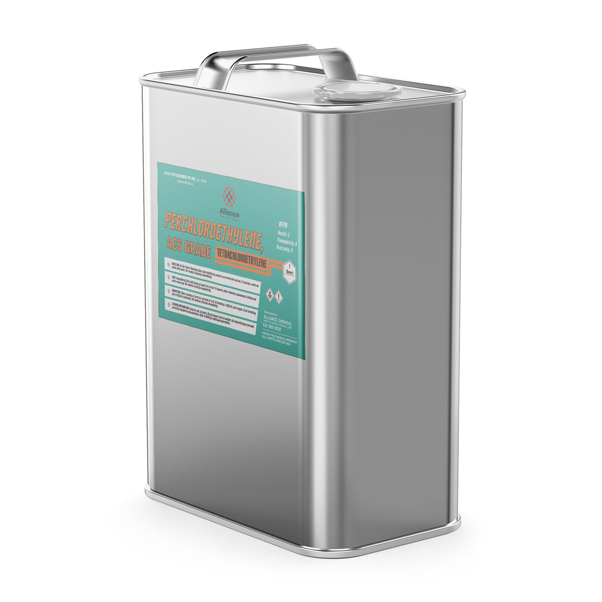 1-quart steel jug of Alliance Chemical Perchloroethylene ACS Grade with a metal handle and product label.