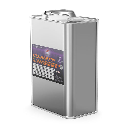 Quart-size steel canister of technical grade perchloroethylene (PERC) solvent, metal handle and Alliance Chemical label