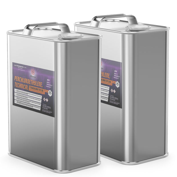 Two 1-gallon steel cans of Alliance Chemical Perchloroethylene (PCE, PERC) with metal handles and labels.