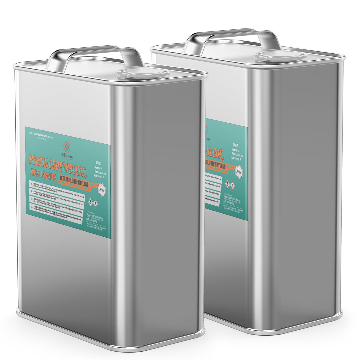 Two 1-gallon steel pails of Alliance Chemical Perchloroethylene ACS Grade with labels and metal handles.