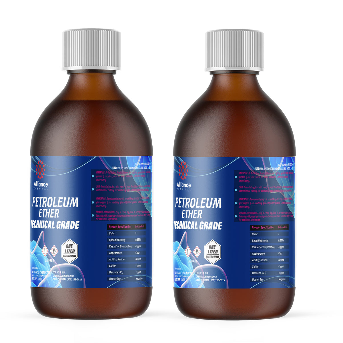 Alliance Chemical 1L technical-grade Petroleum Ether in amber glass bottles with white caps, and product specifications