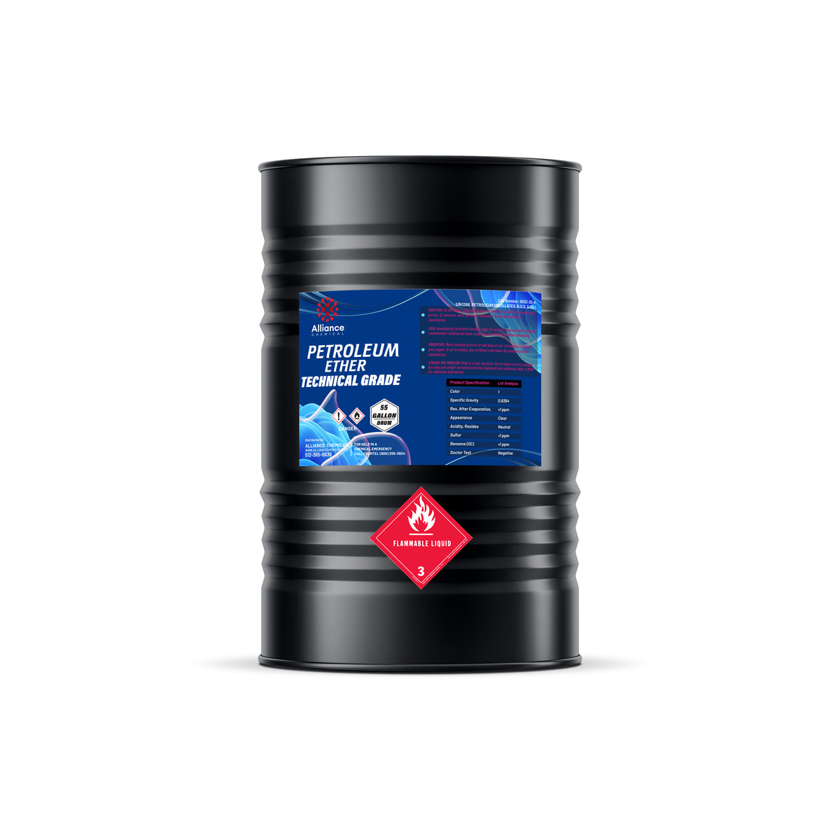 55-gallon black drum of technical-grade petroleum ether with Alliance Chemical blue label, industrial solvent