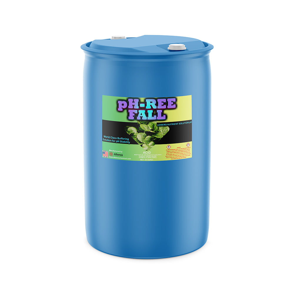 One 55-gallon plastic drum of Alliance Chemical pH-Ree Fall with a blue body, white caps, and product label.
