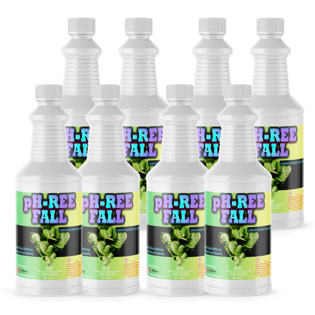 Eight 1-quart plastic jugs of Alliance Chemical pH-Ree Fall with white caps and product labels.