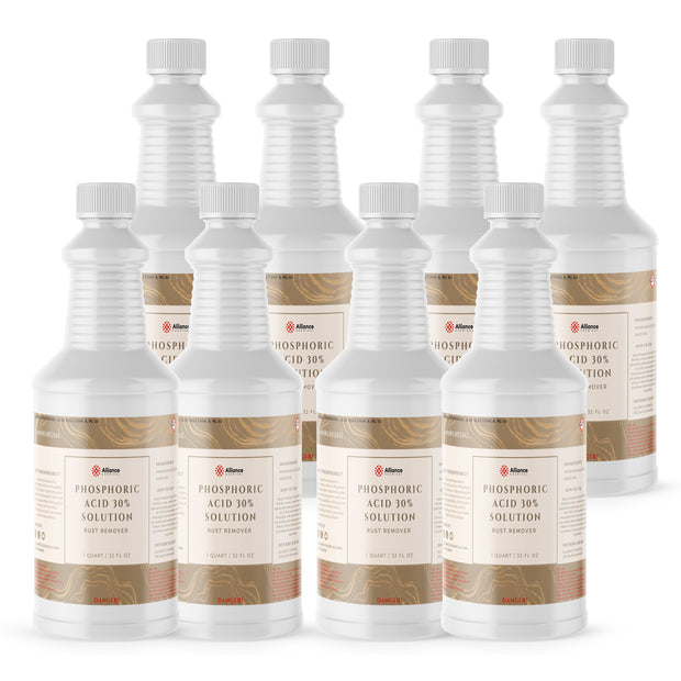Eight 1-quart plastic bottles of Alliance Chemical Phosphoric Acid 30% with white screw caps and product label.