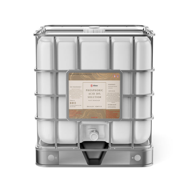 Alliance Chemical 330-gallon tote of Phosphoric Acid 30% with a metal cage and a white spigot.