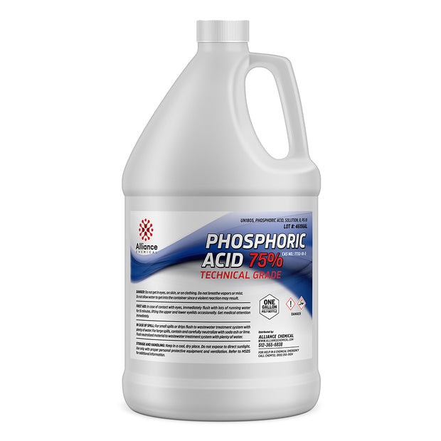 One-gallon HDPE container of 75% technical-grade phosphoric acid by Alliance Chemical hazard symbols and safety warnings