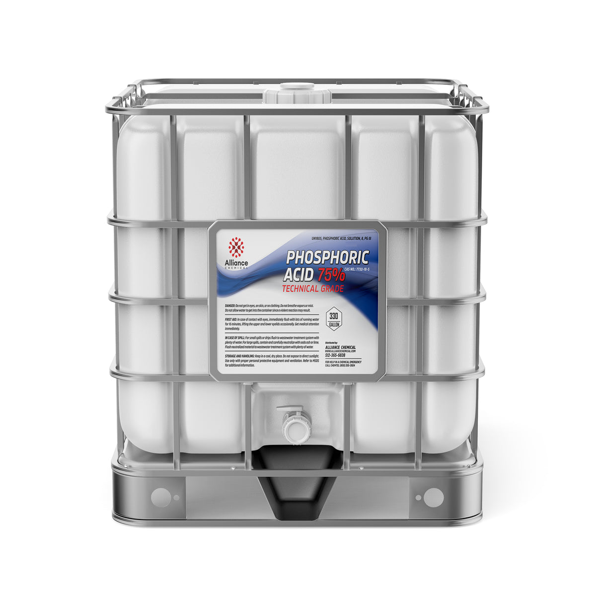 Alliance Chemical 330-gallon tote of Phosphoric Acid 75% with a steel cage, plastic container, and white cap.