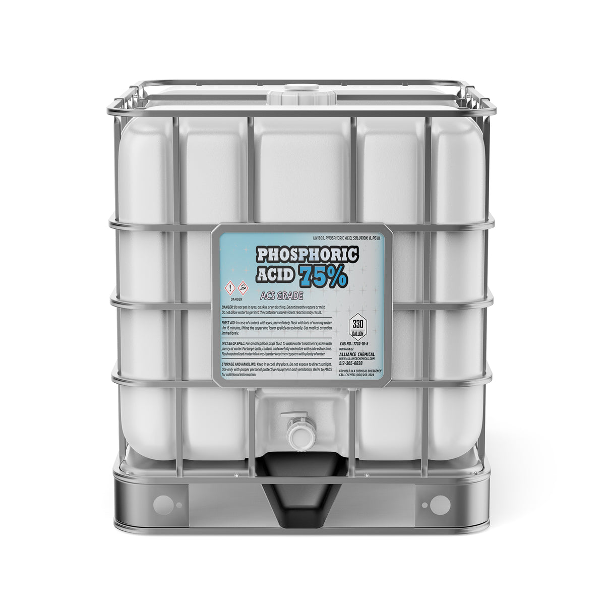 One 330-gallon plastic tote of Alliance Chemical Phosphoric Acid 75 ACS Grade with a steel cage and label.