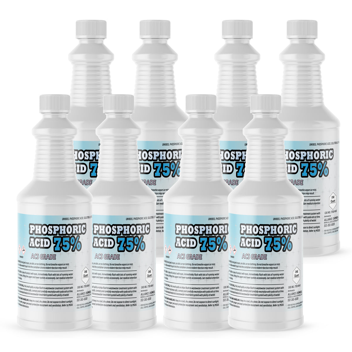 Seven 1-quart plastic bottles of Alliance Chemical Phosphoric Acid 75% ACS Grade with white screw caps and product labels