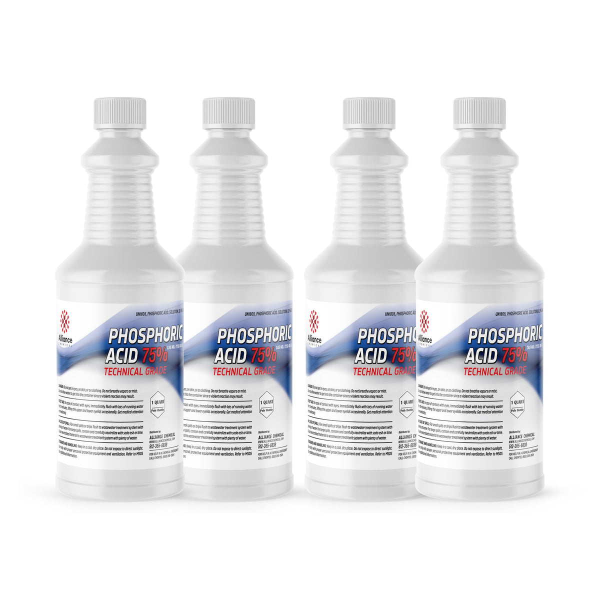Four 1-quart plastic bottles of Alliance Chemical Phosphoric Acid 75% with labels and white screw caps