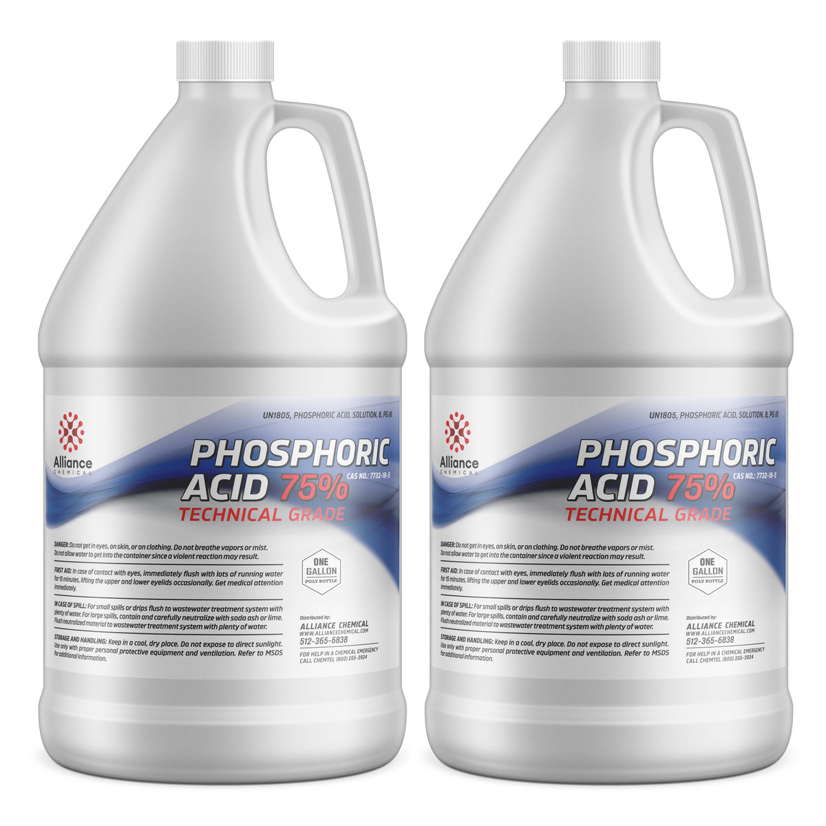 1-gallon containers (2) of 75% Technical Grade Phosphoric Acid in HDPE jugs, Alliance Chemical brand, UN1805 classification