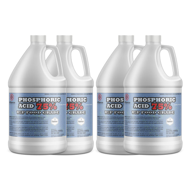 4x1-gallon HDPE jugs of Alliance Chemical 75% Phosphoric Acid USP Food Grade with blue labels, white containers, ribbed