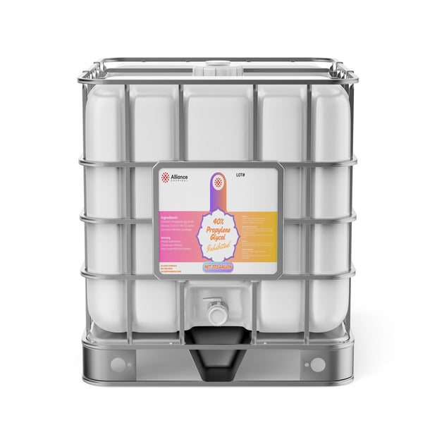 Alliance Chemical 275-gallon plastic tote of 40% Propylene Glycol Inhibited with a metal cage and a white valve.