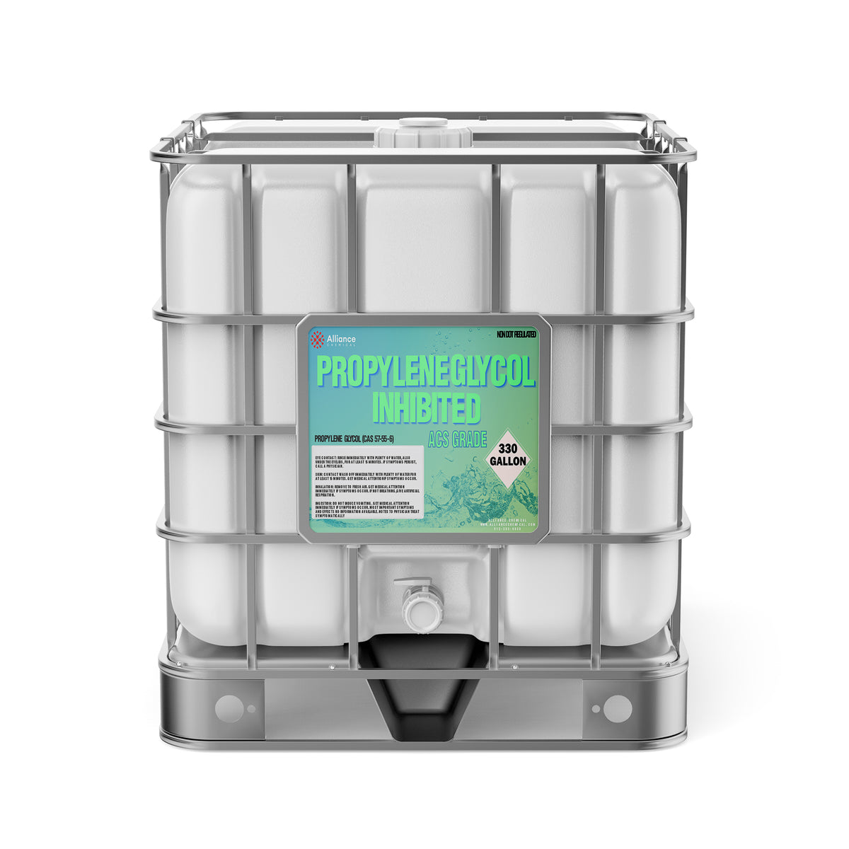 Alliance Chemical 330-gallon tote of Propylene Glycol Inhibited ACS Grade with a metal cage and a white cap.