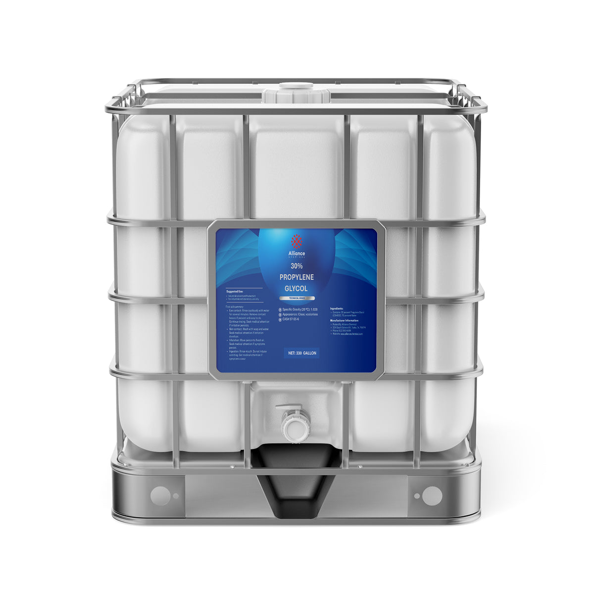 One 330-gallon tote of Alliance Chemical 30% Propylene Glycol Technical Grade with steel cage and label.