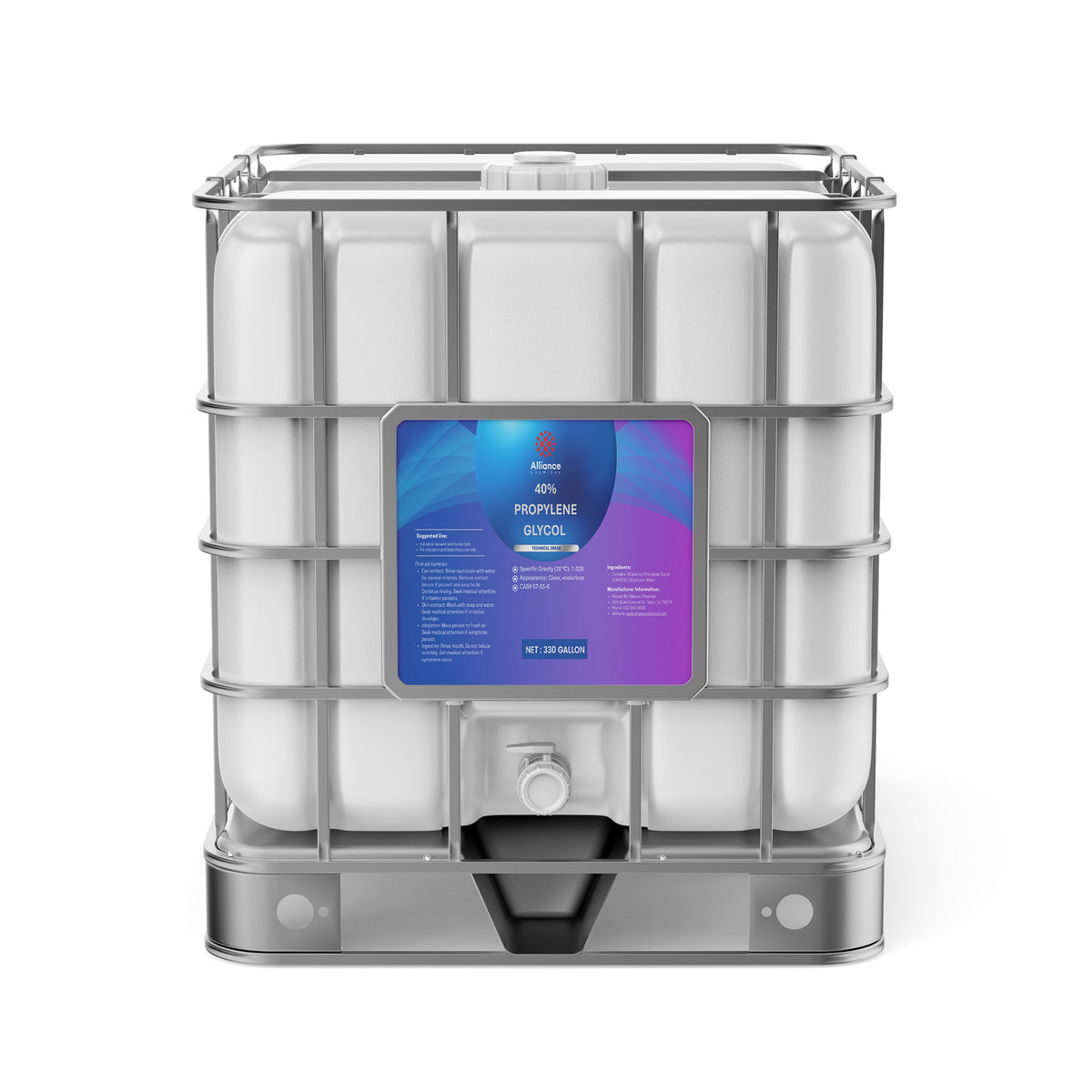 One 330-gallon tote of Alliance Chemical Propylene Glycol 40% Technical Grade with a steel cage and a white cap.