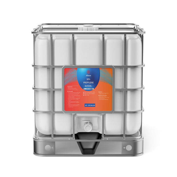 Alliance Chemical 330-gallon tote of 50% Propylene Glycol Technical Grade with a steel cage and spigot.