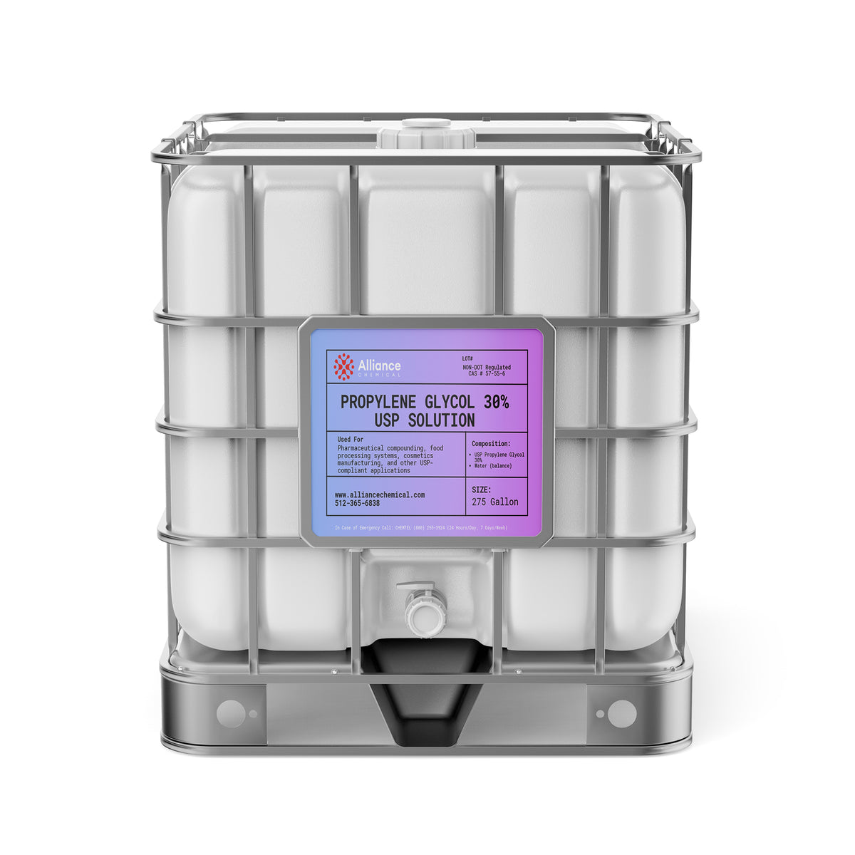Alliance Chemical 30% propylene glycol USP grade in 275-gallon intermediate bulk container with purple label
