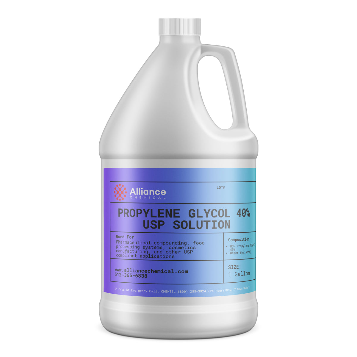 Alliance Chemical propylene glycol 40% USP grade in white 1-gallon HDPE jug with handle