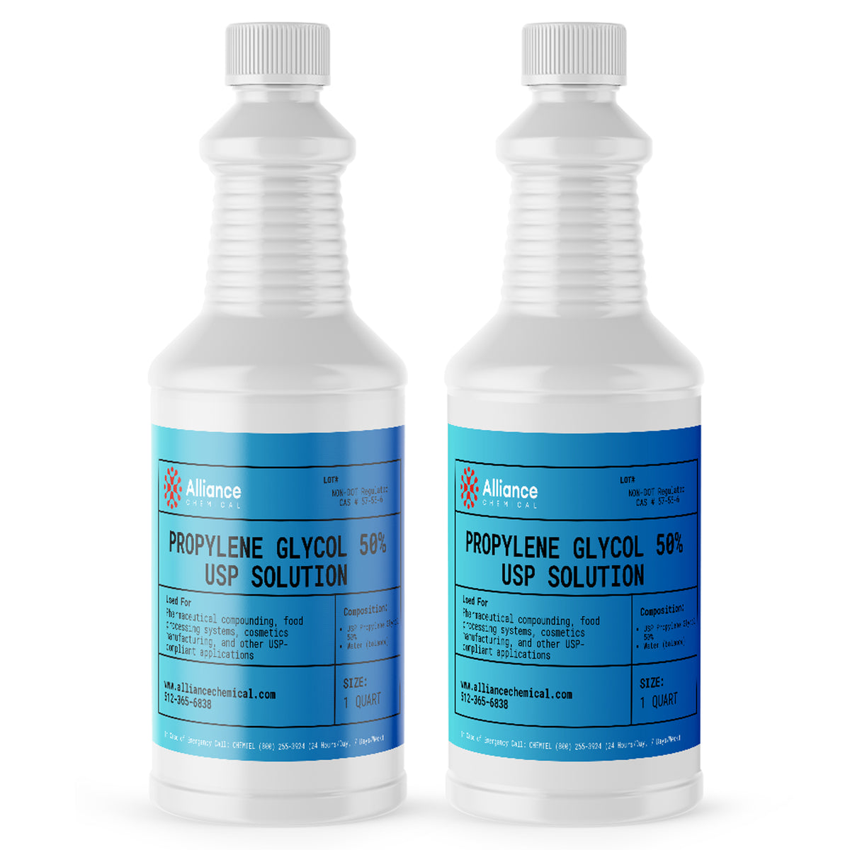 Alliance Chemical propylene glycol 50% USP in clear 1-quart plastic bottle with secure white cap