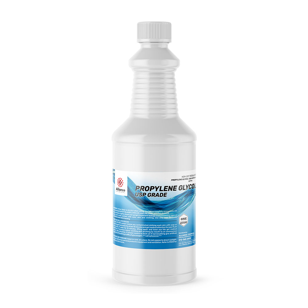 1-Quart Alliance Chemical Propylene Glycol USP Grade in a white HDPE bottle with a ribbed screw cap and product label.
