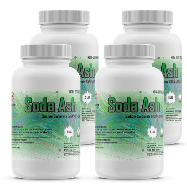 5-lb containers of Sodium Carbonate (Soda Ash), CAS# 497-19-8, in HDPE bottles hazard symbols, 4-pack, Alliance Chemical