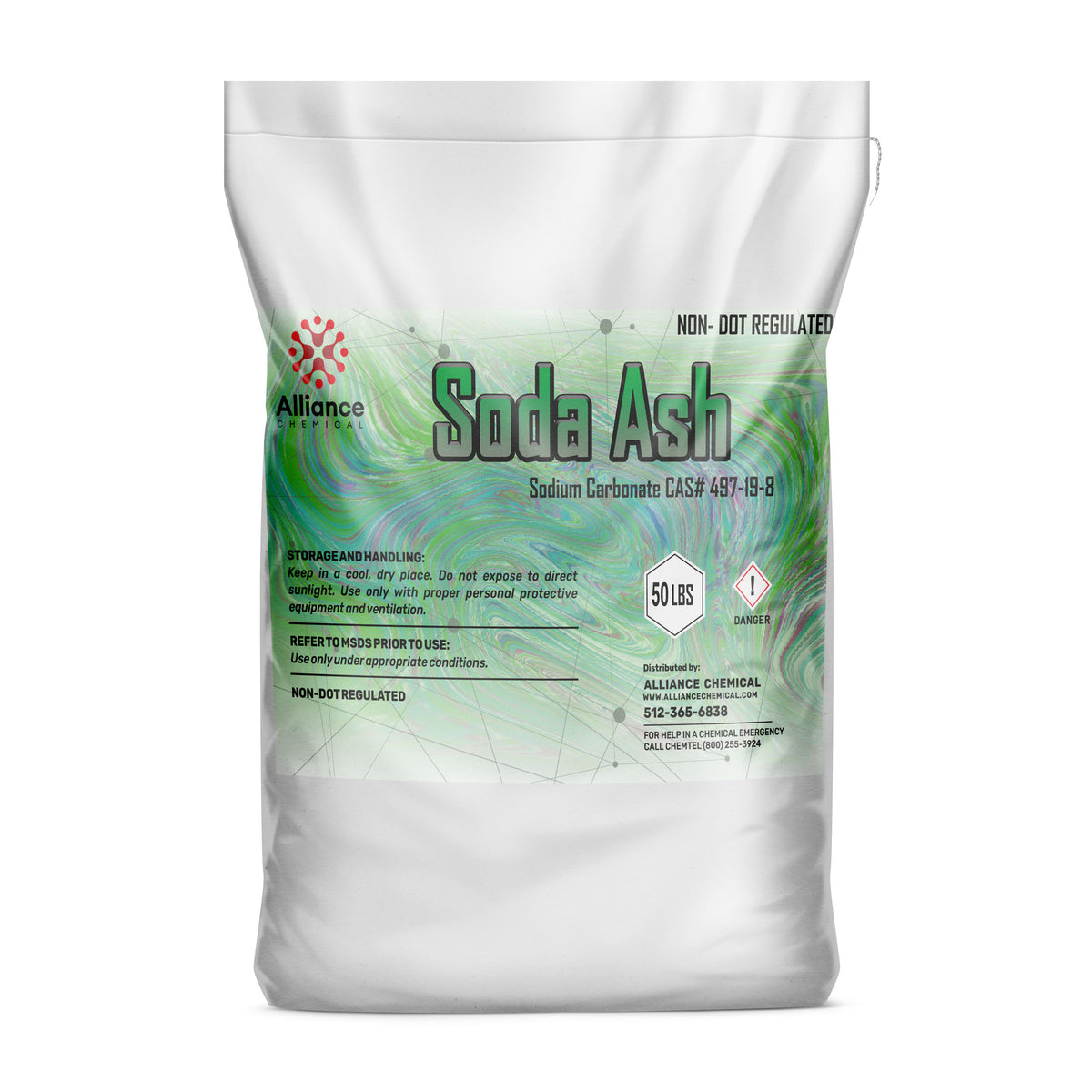 One 50-lbs bag of Alliance Chemical Soda Ash with product label and sealed top.