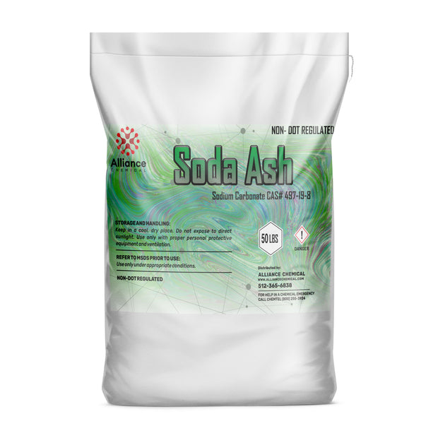 One 50-lbs bag of Alliance Chemical Soda Ash with product label and sealed top.