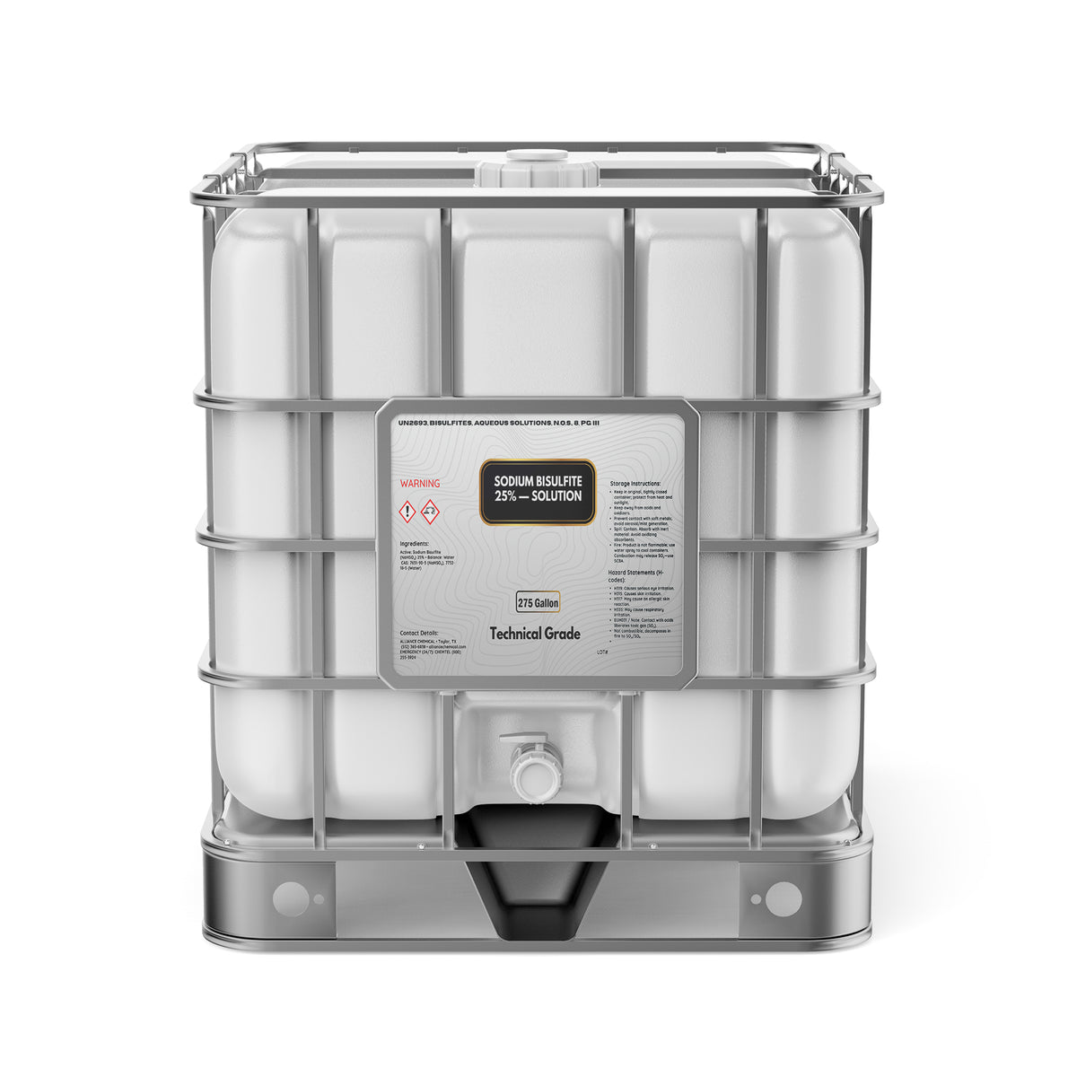 One 275-gallon tote of Alliance Chemical Sodium Bisulfite 25% Solution – Technical Grade with a steel cage.