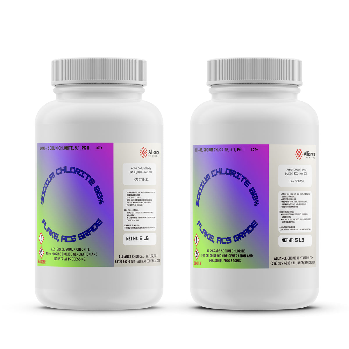 Two Alliance Chemical Sodium Chlorite Flakes 80% - ACS Grade bottles with white ribbed screw cap and product label