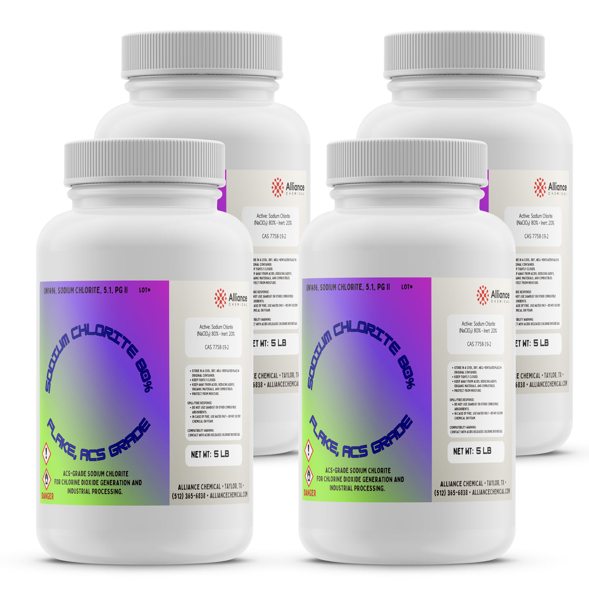 Four Alliance Chemical Sodium Chlorite Flakes 80% ACS Grade bottles with white plastic screw cap and labels.