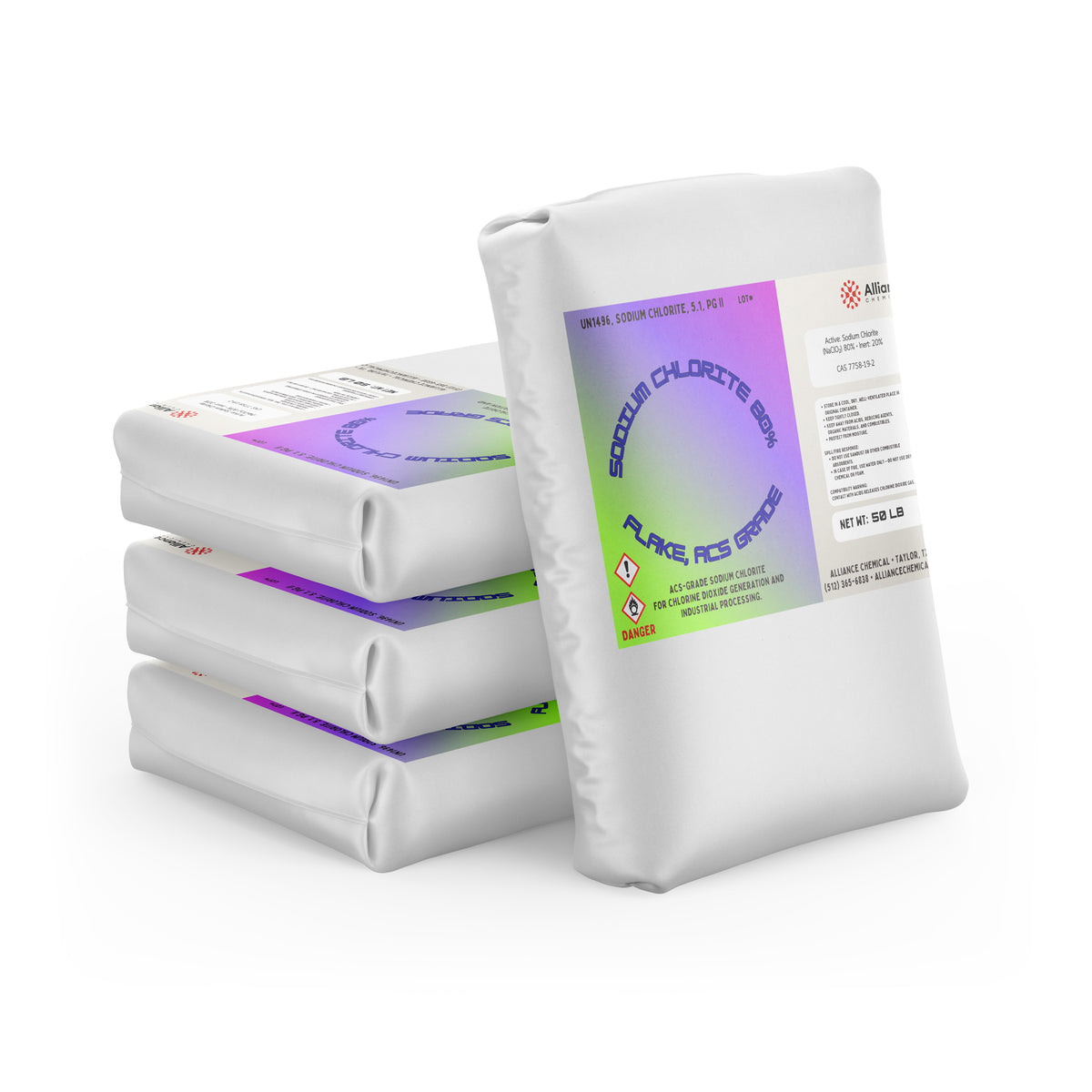 Four 50-lb bags of Alliance Chemical Sodium Chlorite Flakes 80% - ACS Grade with labeled white containers.