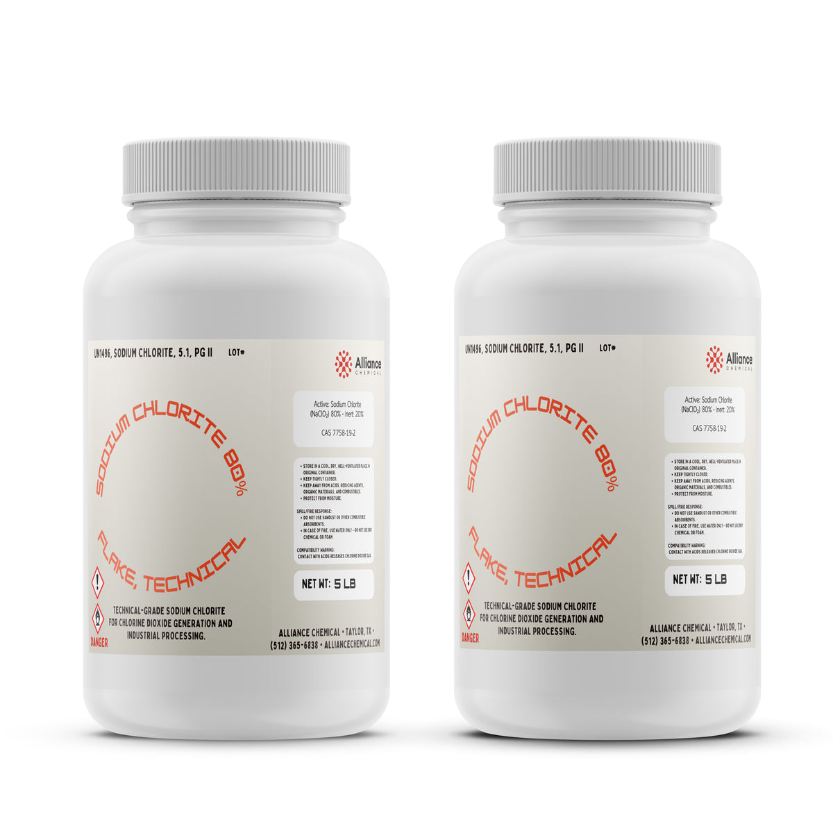 Two plastic bottles of Alliance Chemical Sodium Chlorite Flakes 80% - Technical Grade with white caps and product labels.
