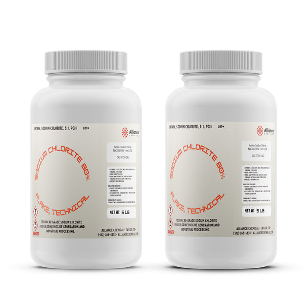 Two plastic bottles of Alliance Chemical Sodium Chlorite Flakes 80% - Technical Grade with white caps and product labels.