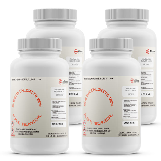 Four plastic bottles of Alliance Chemical Sodium Chlorite Flakes 80% - Technical Grade with white caps and product labels.