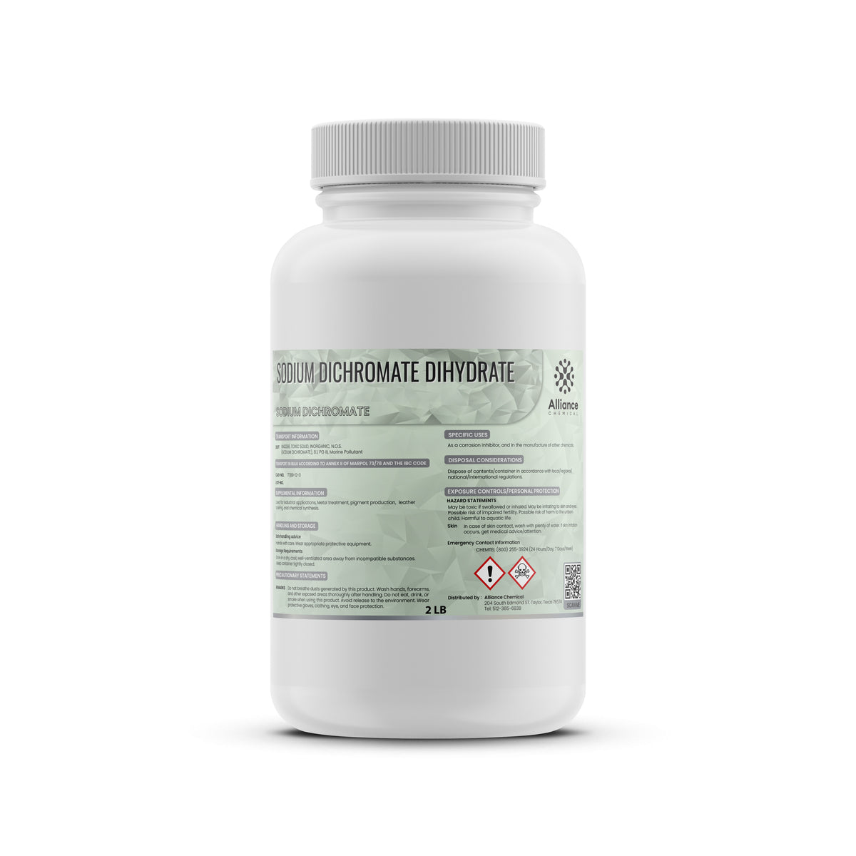 Alliance Chemical 2-lb Sodium Dichromate Dihydrate in HDPE bottle with safety label, GHS hazard pictograms, and chemical