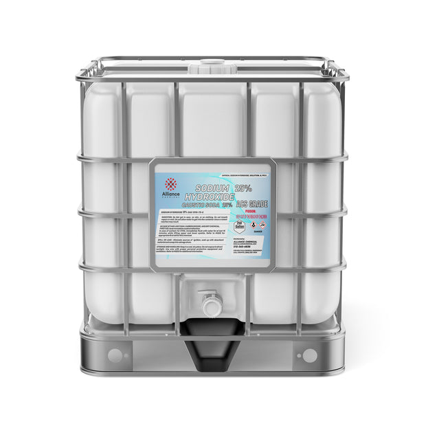 250-gallon IBC tote of Sodium Hydroxide 25% ACS Grade (caustic soda) with industrial hazard warnings, Alliance Chemical label