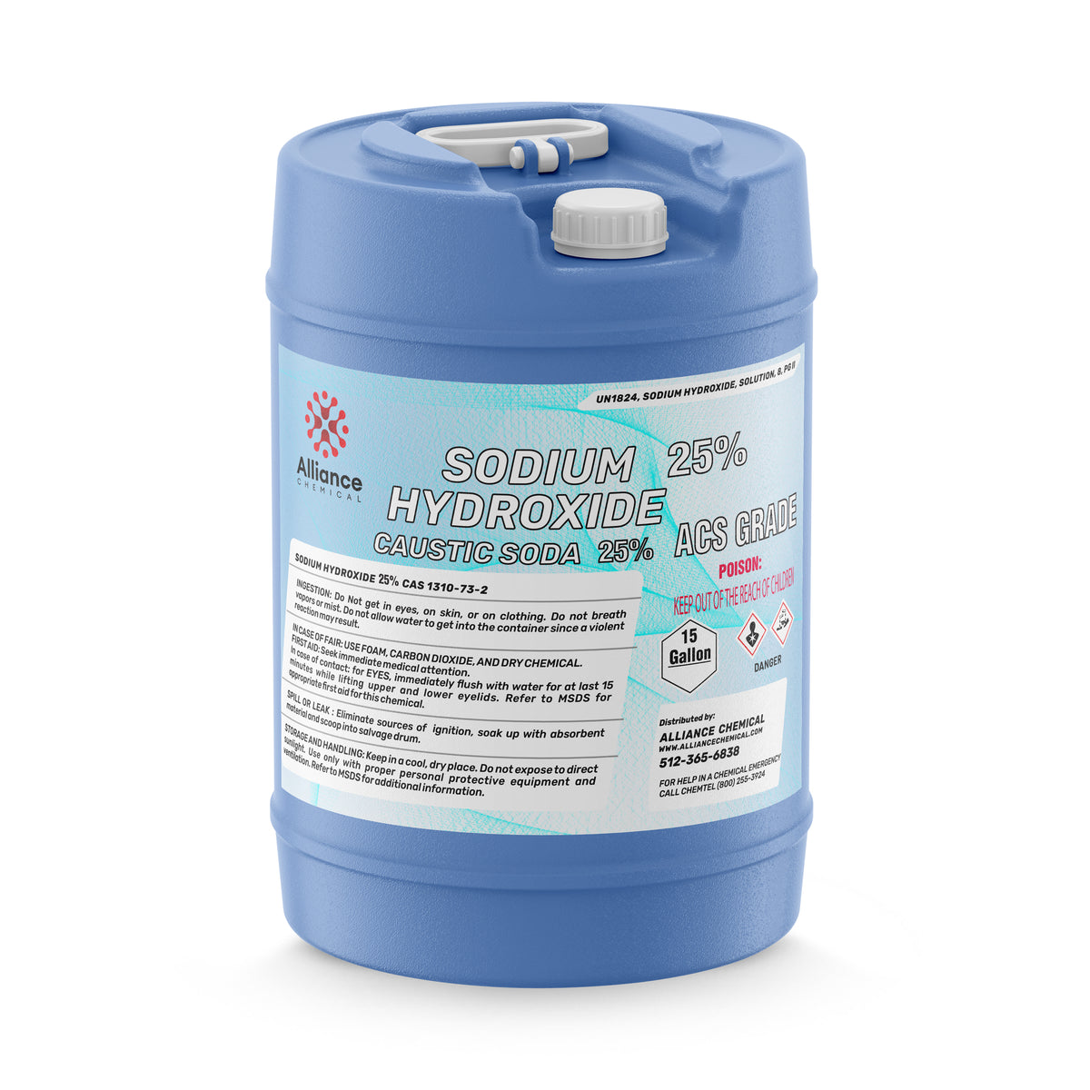 One 15-gallon HDPE jug of Alliance Chemical Sodium Hydroxide 25% ACS Grade with a white screw cap and handle.