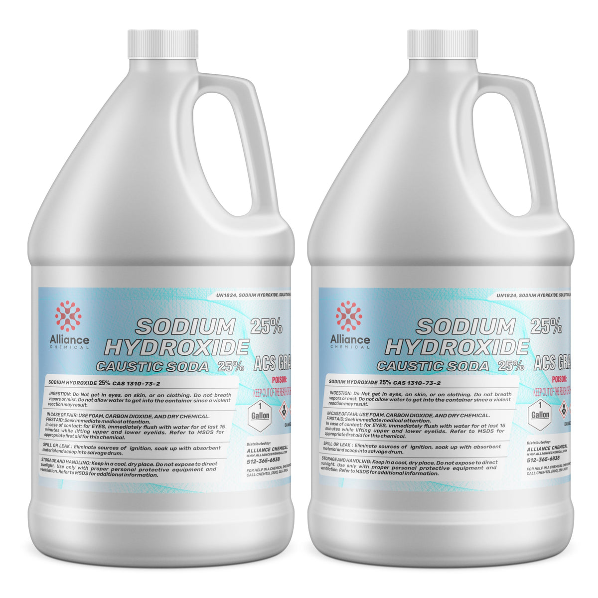 2-gallon HDPE jugs of Alliance Chemical 25% Sodium Hydroxide (Caustic Soda) ACS Grade, with UN1824 hazard labels and safety