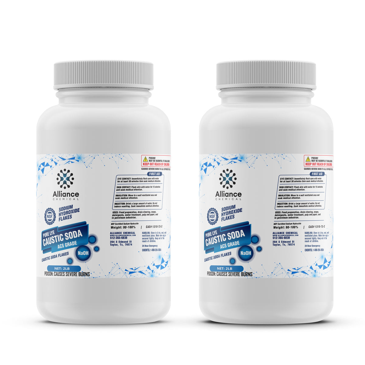 Two 2 lb plastic bottles of Alliance Chemical Sodium Hydroxide Flakes ACS Grade with white screw cap and product label.